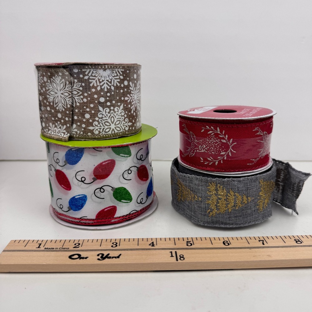 Lot of 4 Christmas Holiday Ribbon Wire Edge Rustic Colorful Glitter 1 Started